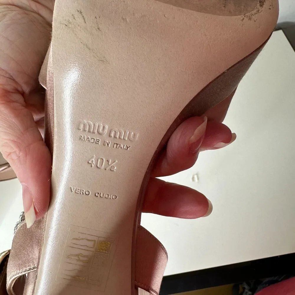 Miu Miu Nude Calzature Donna Satin Crystal Ankle Strap Platform Block Heels 10.5